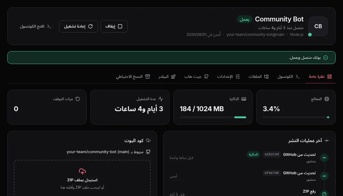لوحة تحكم بوت Discord في SNG Hosting